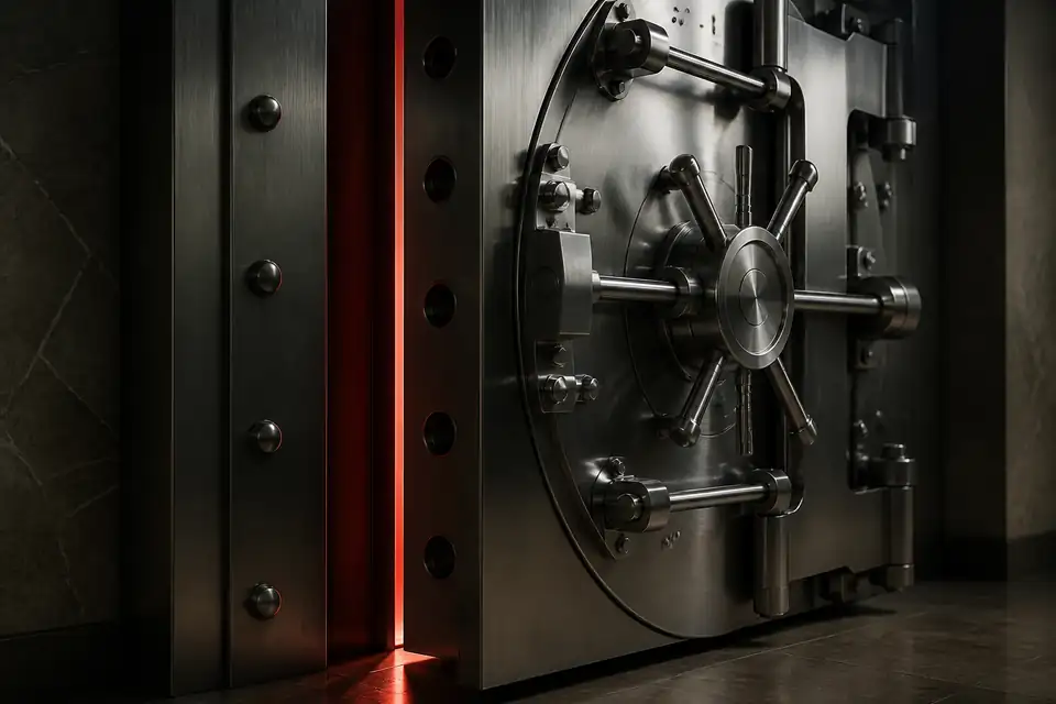 Vault door left ajar, the lock in place but the bolt retracted