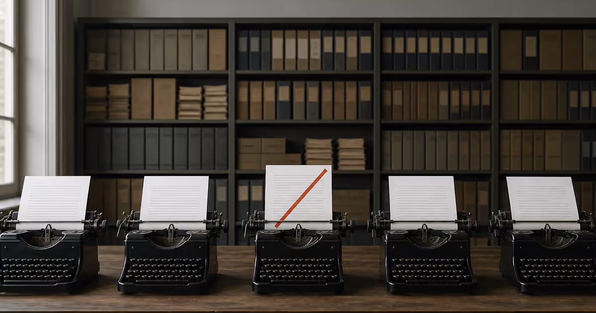 Best AI for coding: a row of identical, unmarked vintage typewriters, with a single sheet raised and struck through in red