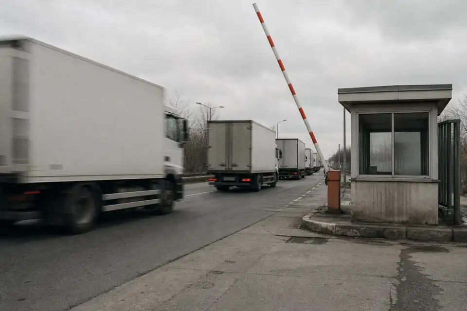 A road checkpoint, barrier raised and booth empty, with a line of white lorries passing through.