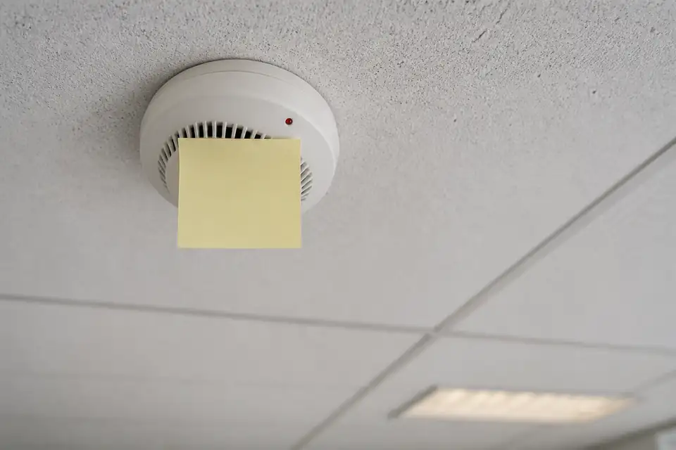 A smoke detector on an office ceiling, covered with a blank yellow Post-it note.