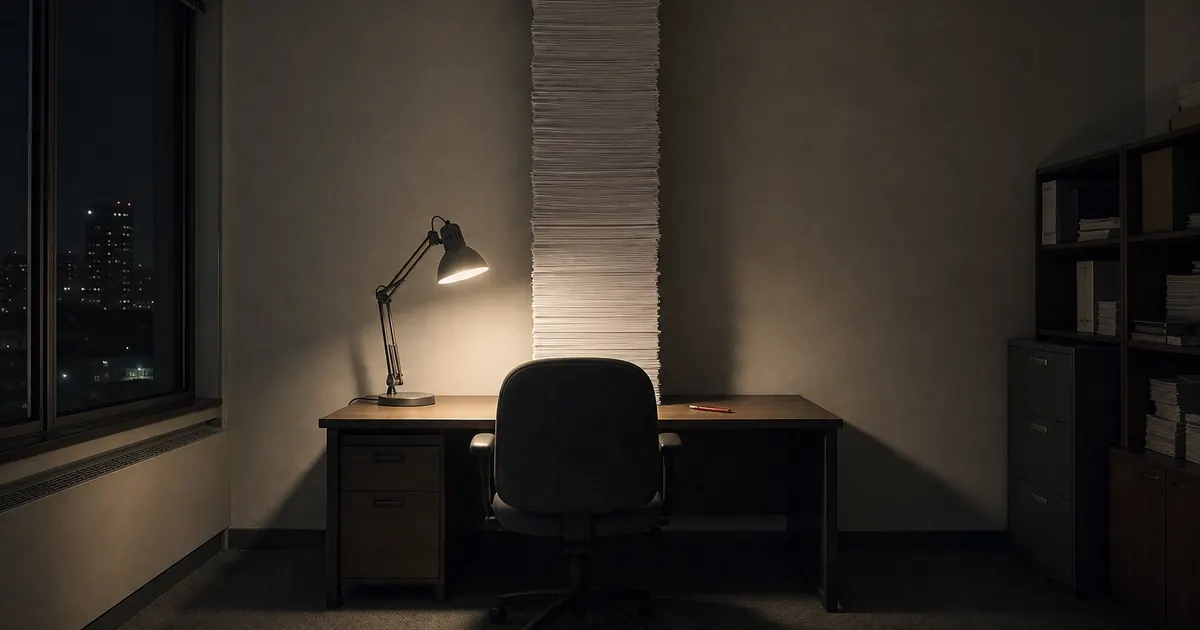 An empty office chair facing a stack of code review pages that reaches the ceiling, lit by a lamp at night.