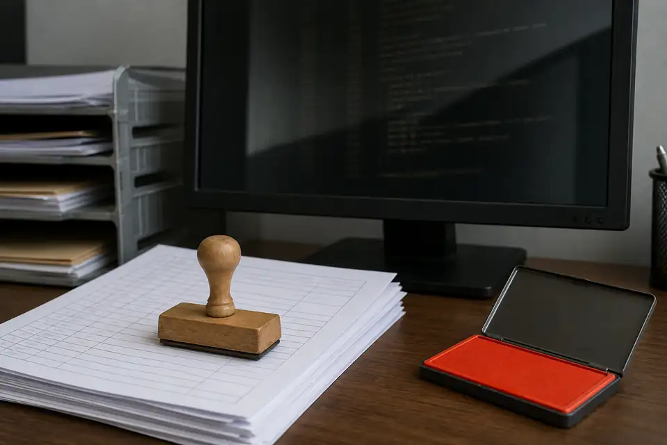 Blank ink stamp on a stack of DORA training attendance sheets, next to a switched-off screen