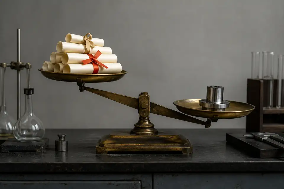 Two-pan balance, rolled certificates on one side, a machined mechanical part on the other