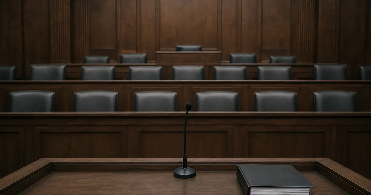 Empty parliamentary hearing room with no flag or emblem, a closed binder in front of the witness chair