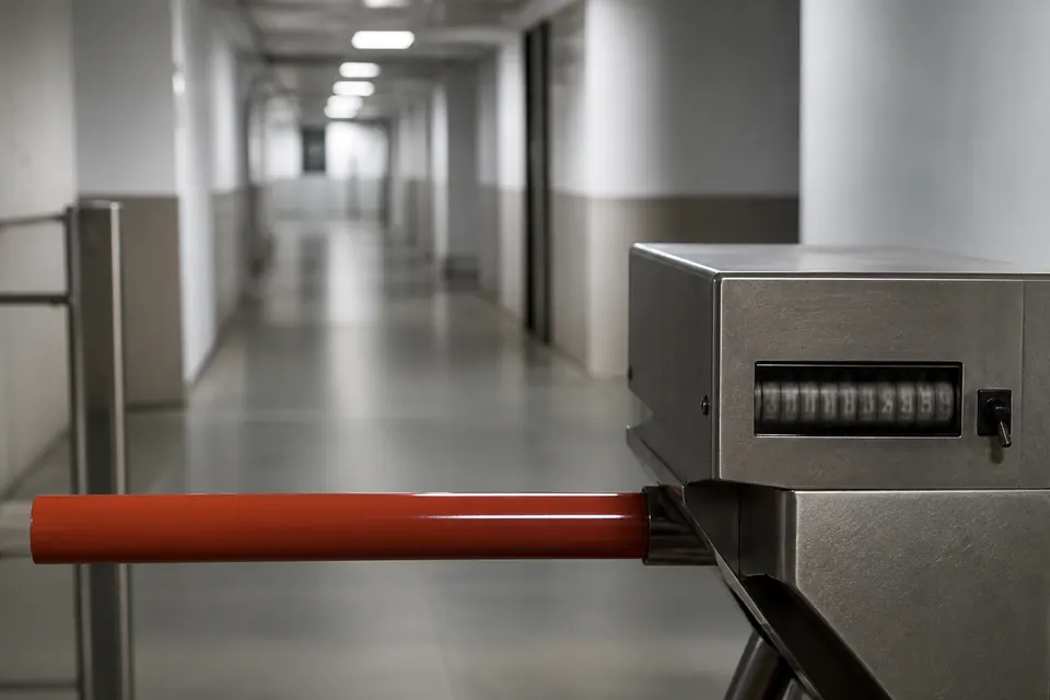 Entry turnstile with a mechanical counter in front of an empty corridor