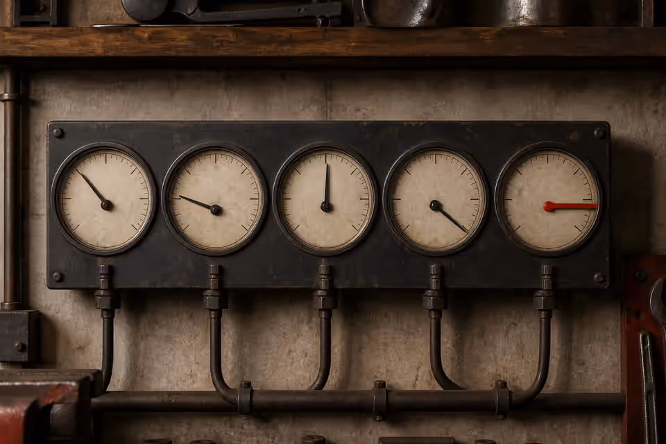 Panel of needle dials, one pinned against its maximum stop