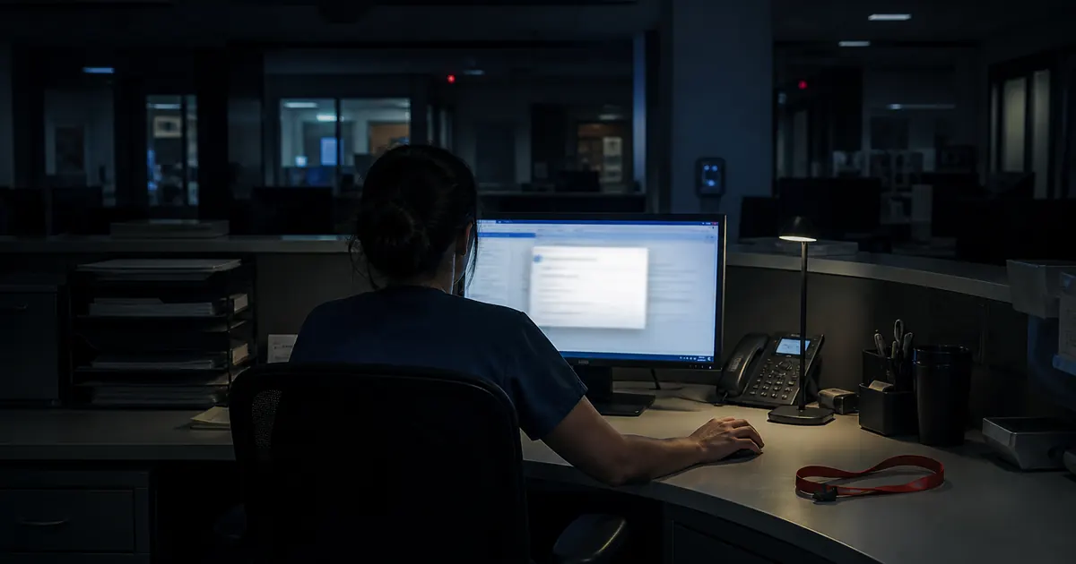 Avaliar a eficácia da formação: posto de trabalho de hospital à noite, com uma página de formação desfocada a fechar-se no ecrã