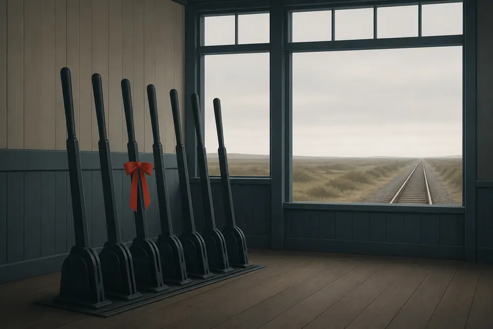 Empty railway signal box, one lever marked with a red ribbon