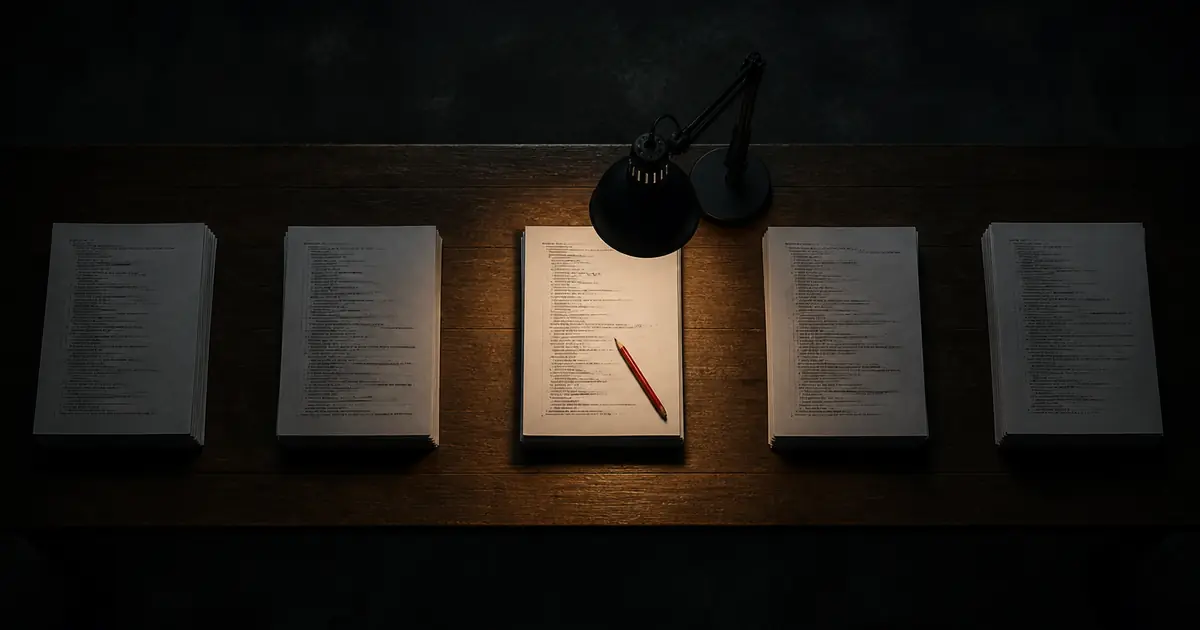 Secure coding training: a review table seen from above, with a single stack of pages lit by a lamp